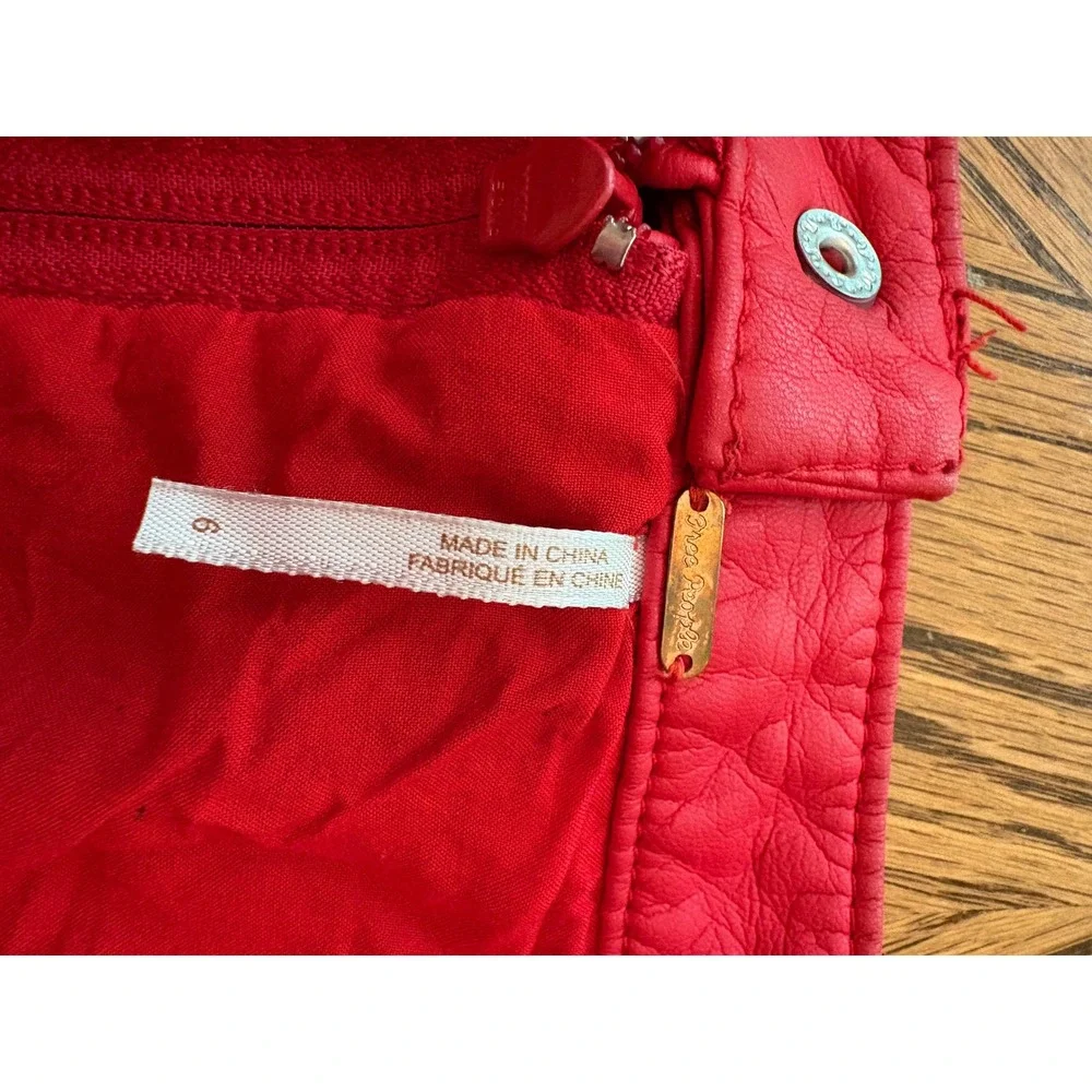 Free People Red Vegan Leather Mini Skirt Zip Front D-Ring Size 6